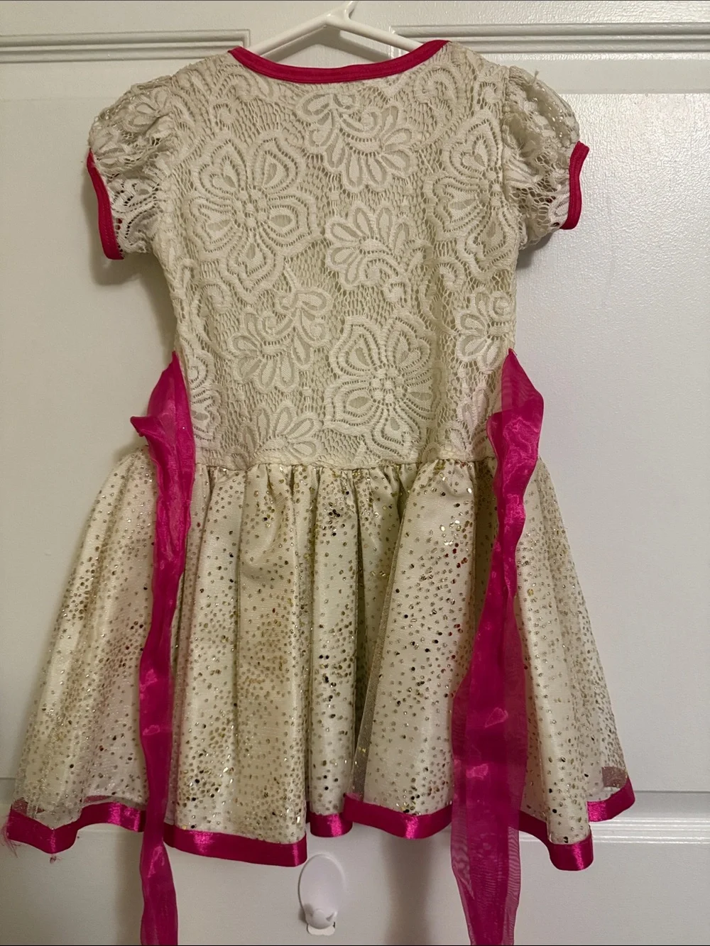 Girls Cream Lace Party Dress with Hot Pink Bow